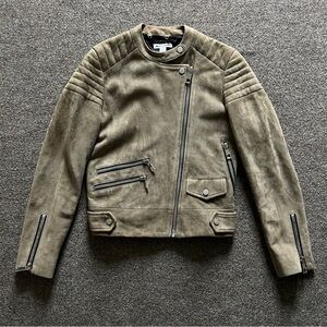 Whistles Khaki Green Suede Sheep Leather Motorcycle Zipper Jacket Women’s Size 4